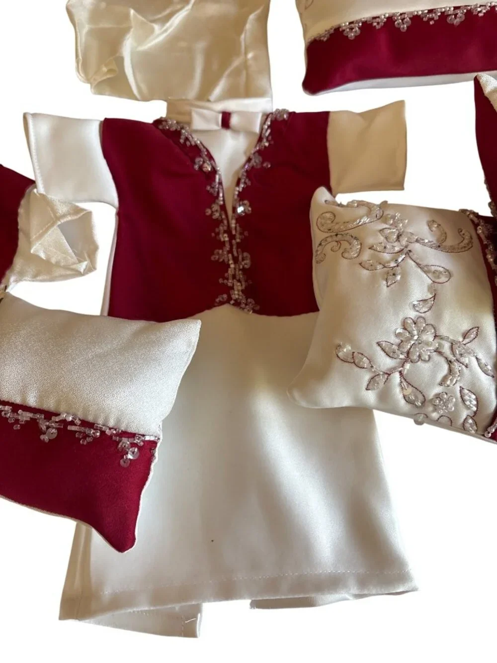 Elegant Red & Ivory Doll Wedding Dress Set With Beaded Details & Accessories